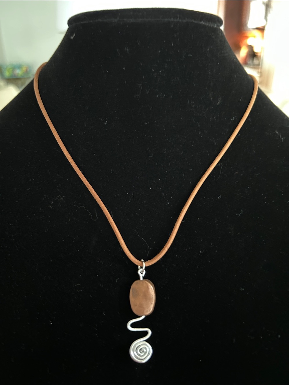 Brown Leather Cord Necklace with Silver Spiral Pendant